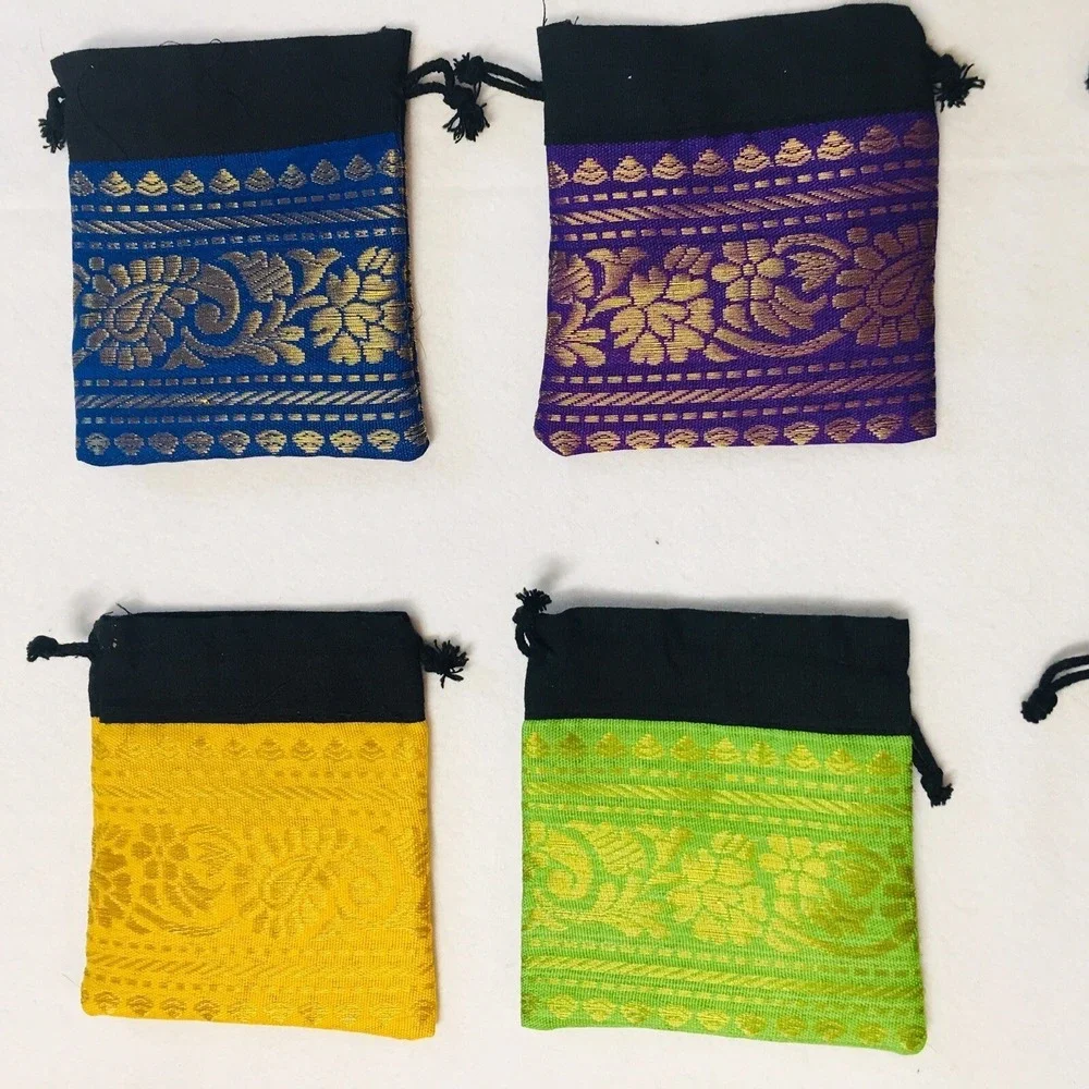 Brocade‎ Jewelry Pouch Drawstring Bags Set of 15 Purple Green Yellow Blue 4x4 In